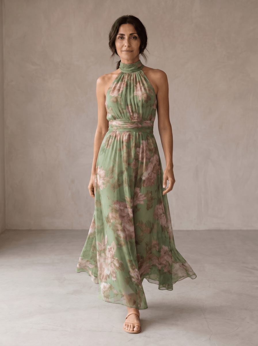 Livia | Vestido Maxi Halter Floral Elegante - Elena Duval