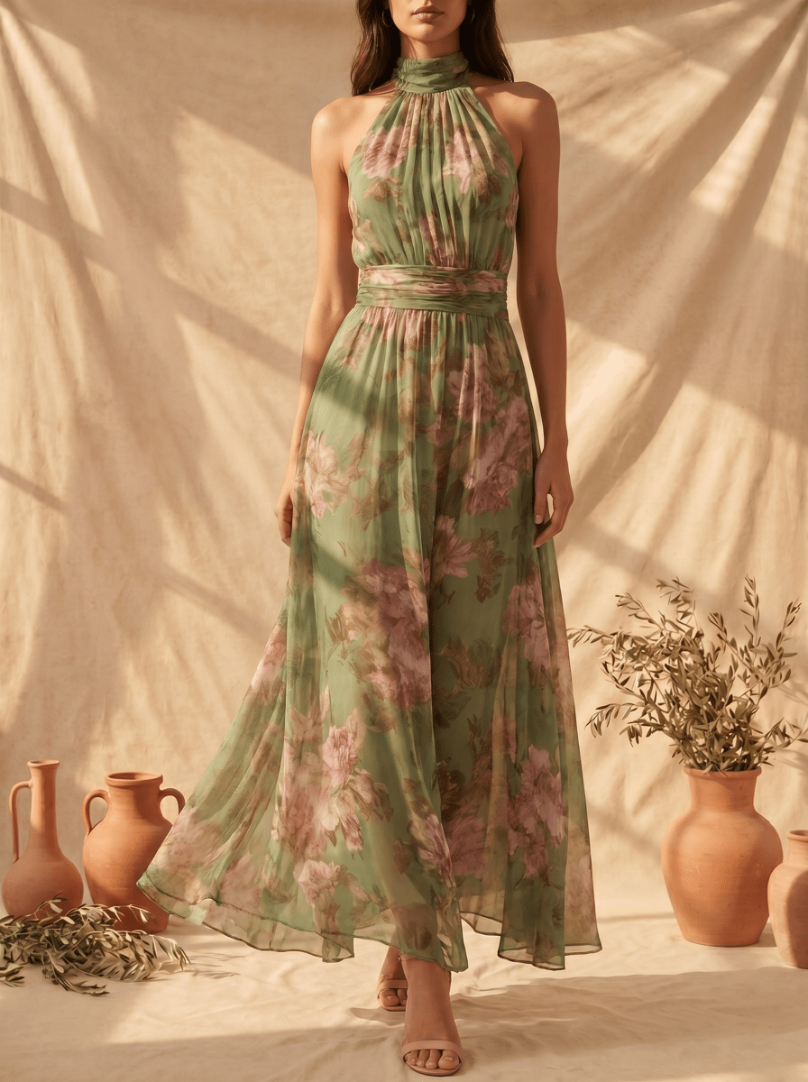 Livia | Vestido Maxi Halter Floral Elegante - Elena Duval