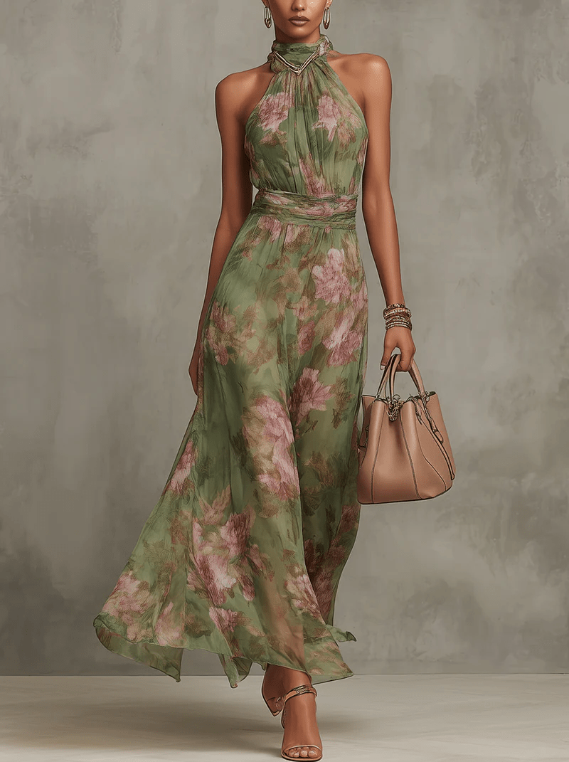 Livia | Vestido Maxi Halter Floral Elegante - Elena Duval