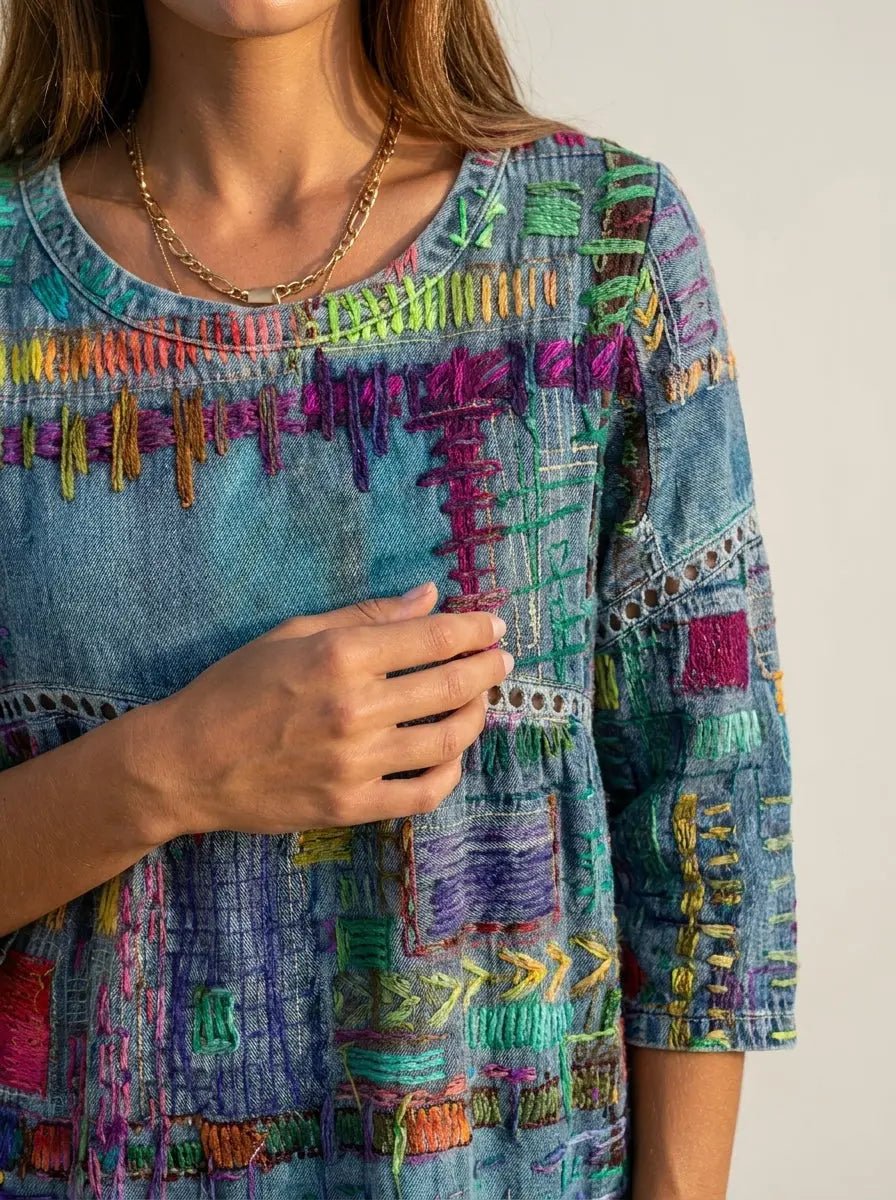 Manuela - Vestido Denim con Patchwork Étnico - Elena Duval