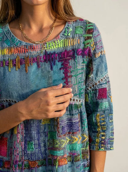 Manuela - Vestido Denim con Patchwork Étnico - Elena Duval