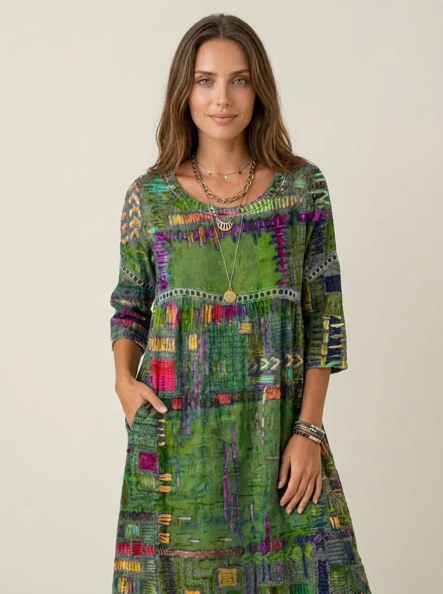 Manuela - Vestido Denim con Patchwork Étnico - Elena Duval