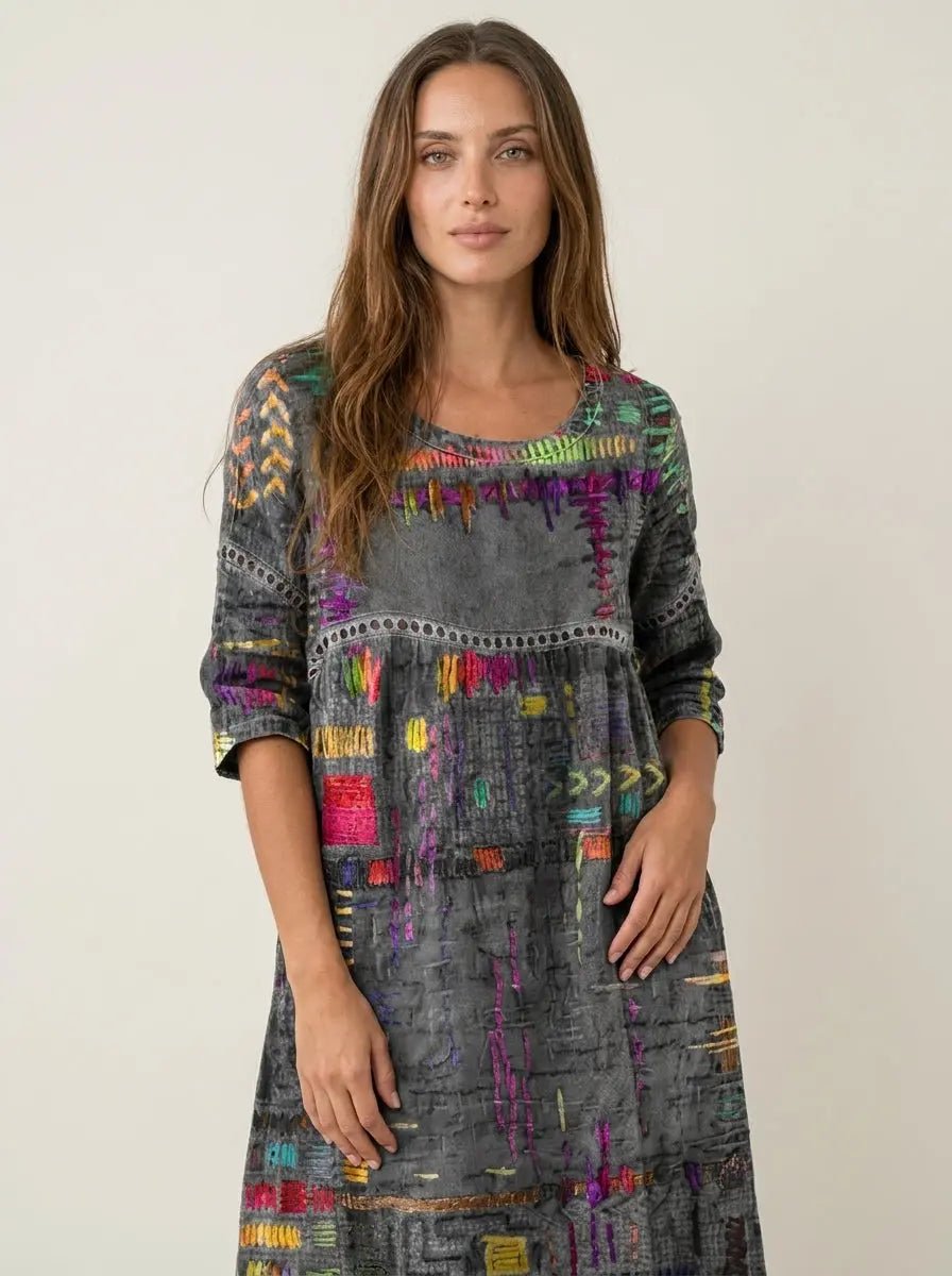 Manuela - Vestido Denim con Patchwork Étnico - Elena Duval