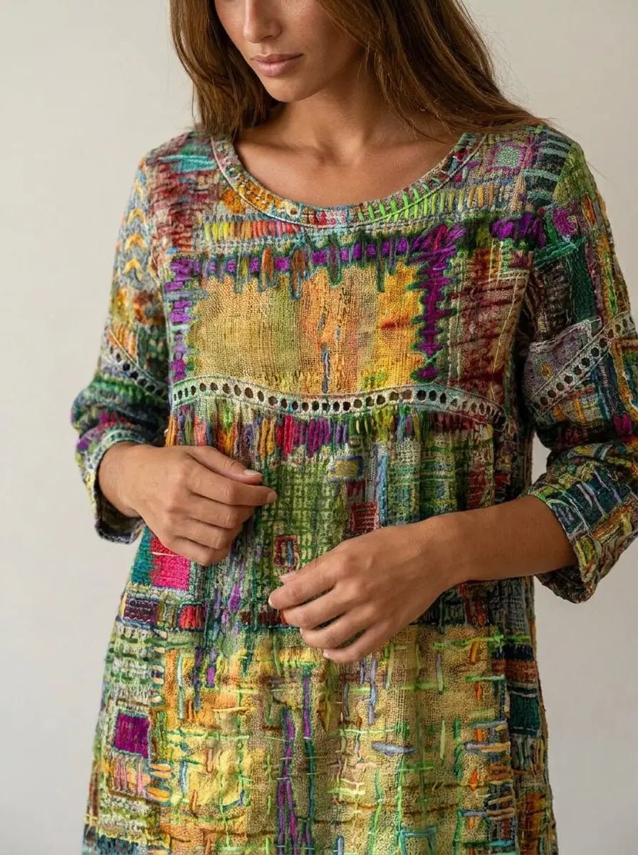 Manuela - Vestido Denim con Patchwork Étnico - Elena Duval