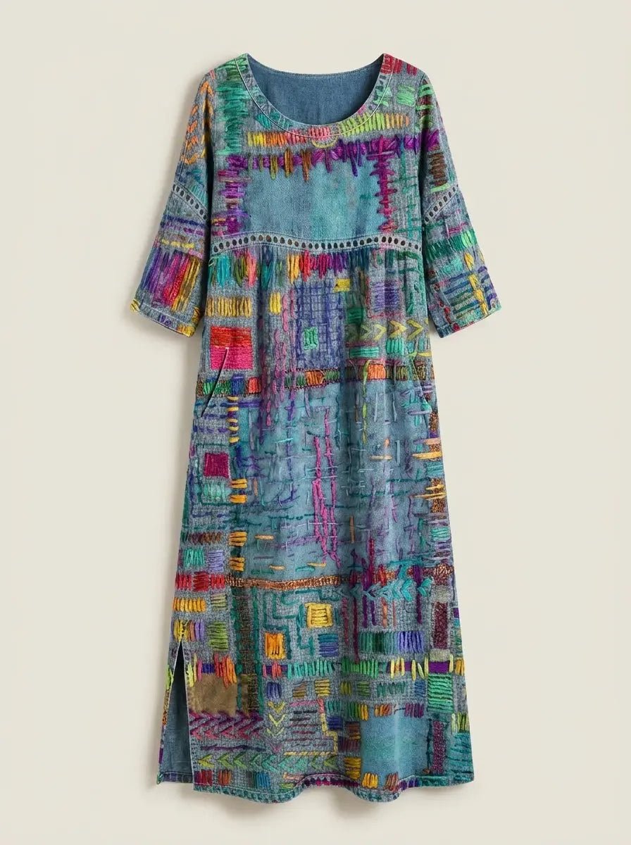 Manuela - Vestido Denim con Patchwork Étnico - Elena Duval