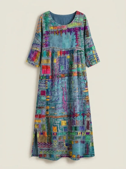 Manuela - Vestido Denim con Patchwork Étnico - Elena Duval