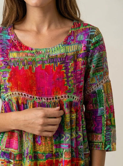 Manuela - Vestido Denim con Patchwork Étnico - Elena Duval