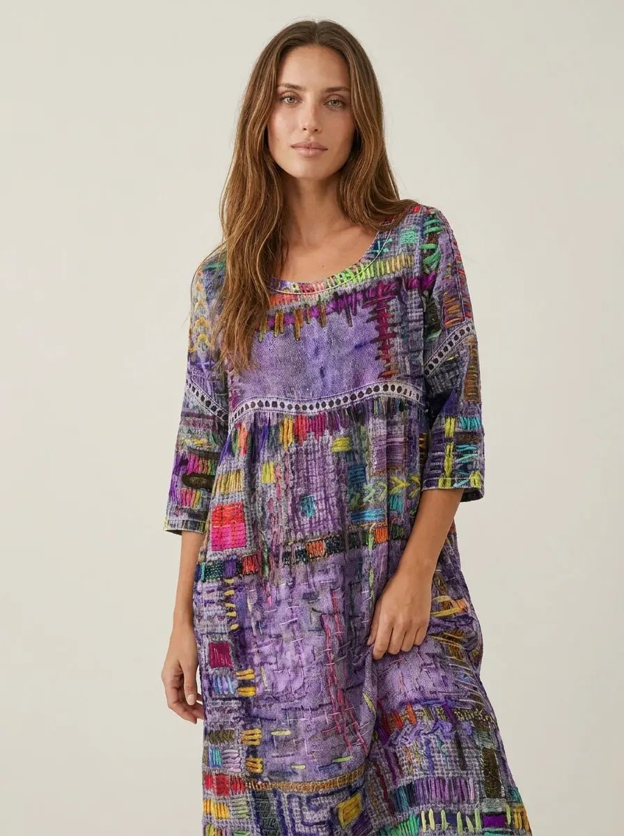 Manuela - Vestido Denim con Patchwork Étnico - Elena Duval