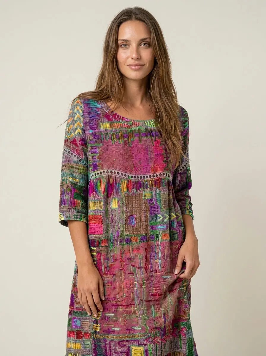 Manuela - Vestido Denim con Patchwork Étnico - Elena Duval