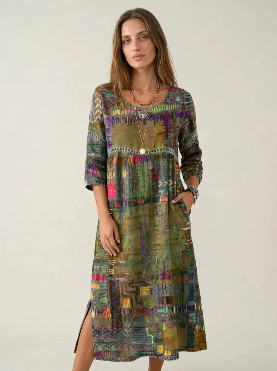 Manuela - Vestido Denim con Patchwork Étnico - Elena Duval