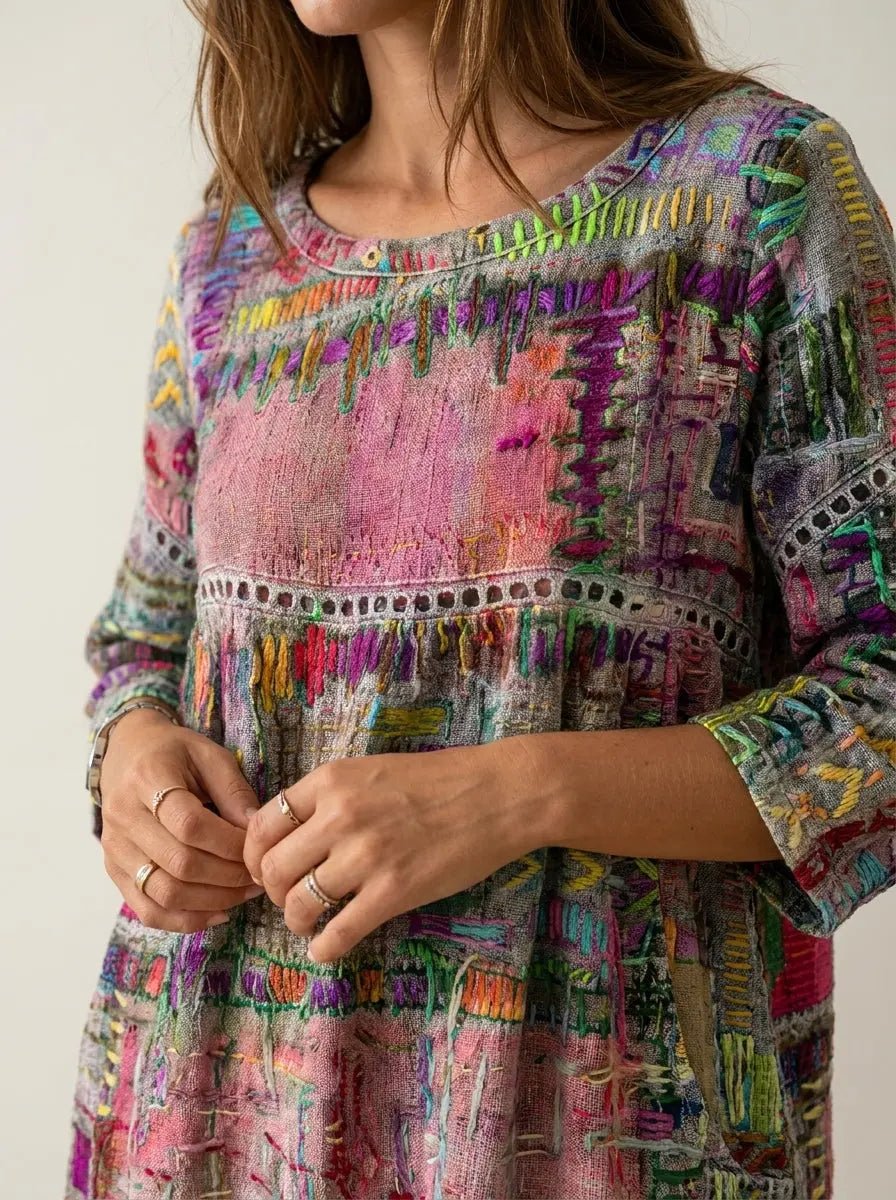 Manuela - Vestido Denim con Patchwork Étnico - Elena Duval