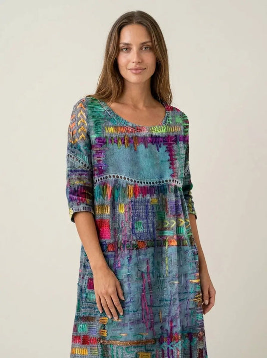 Manuela - Vestido Denim con Patchwork Étnico - Elena Duval