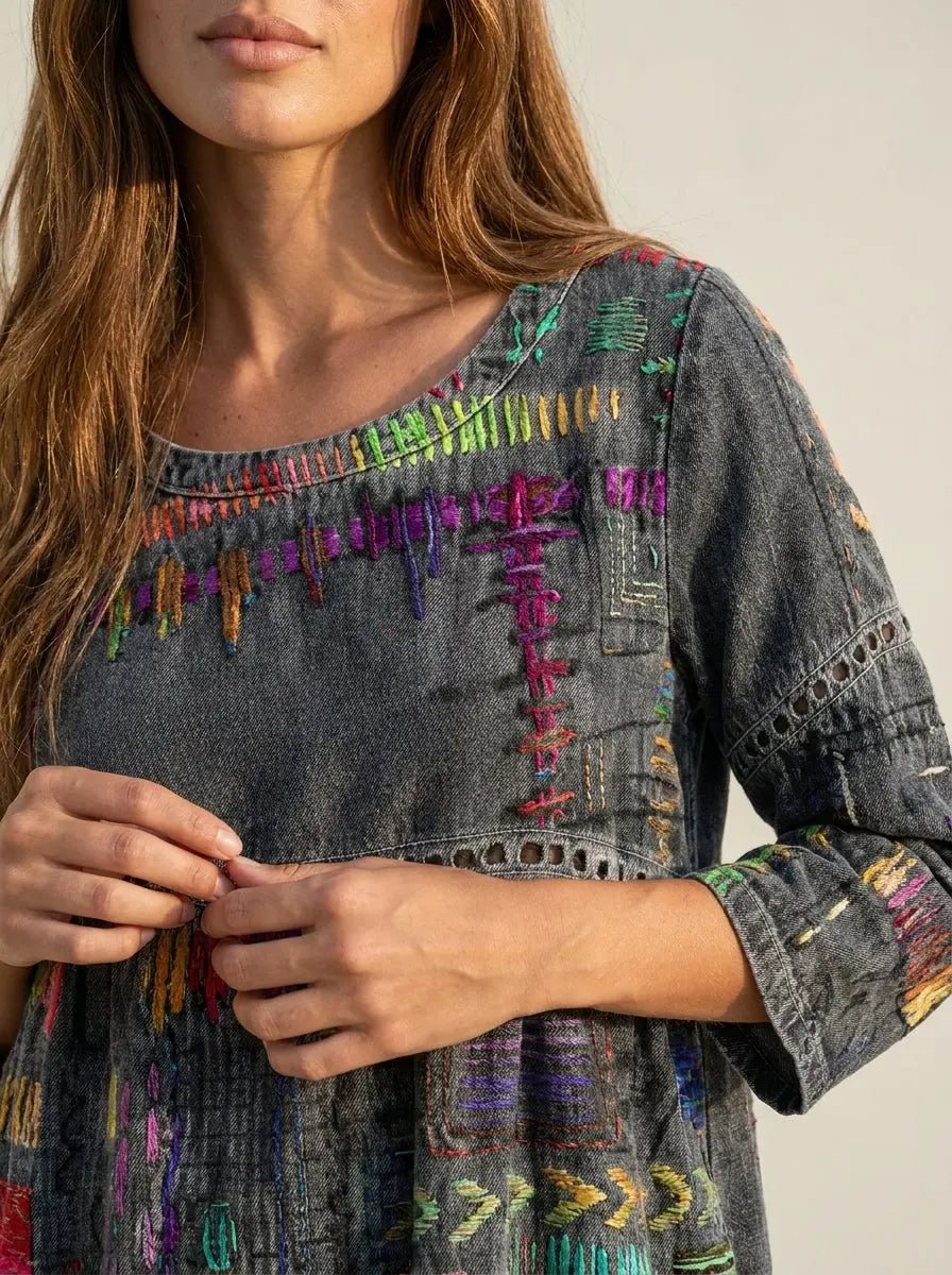 Manuela - Vestido Denim con Patchwork Étnico - Elena Duval
