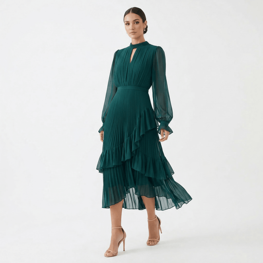 Mariana | Vestido Plisado con Mangas Fluidas y Volantes Asimétricos - Elena Duval