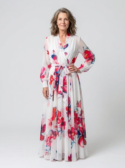 Vivianne | Vestido largo cruzado de manga larga con estampado floral