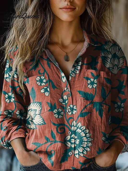 Sofía | Blusa Floral Roja Retro de Manga Larga - Elena Duval