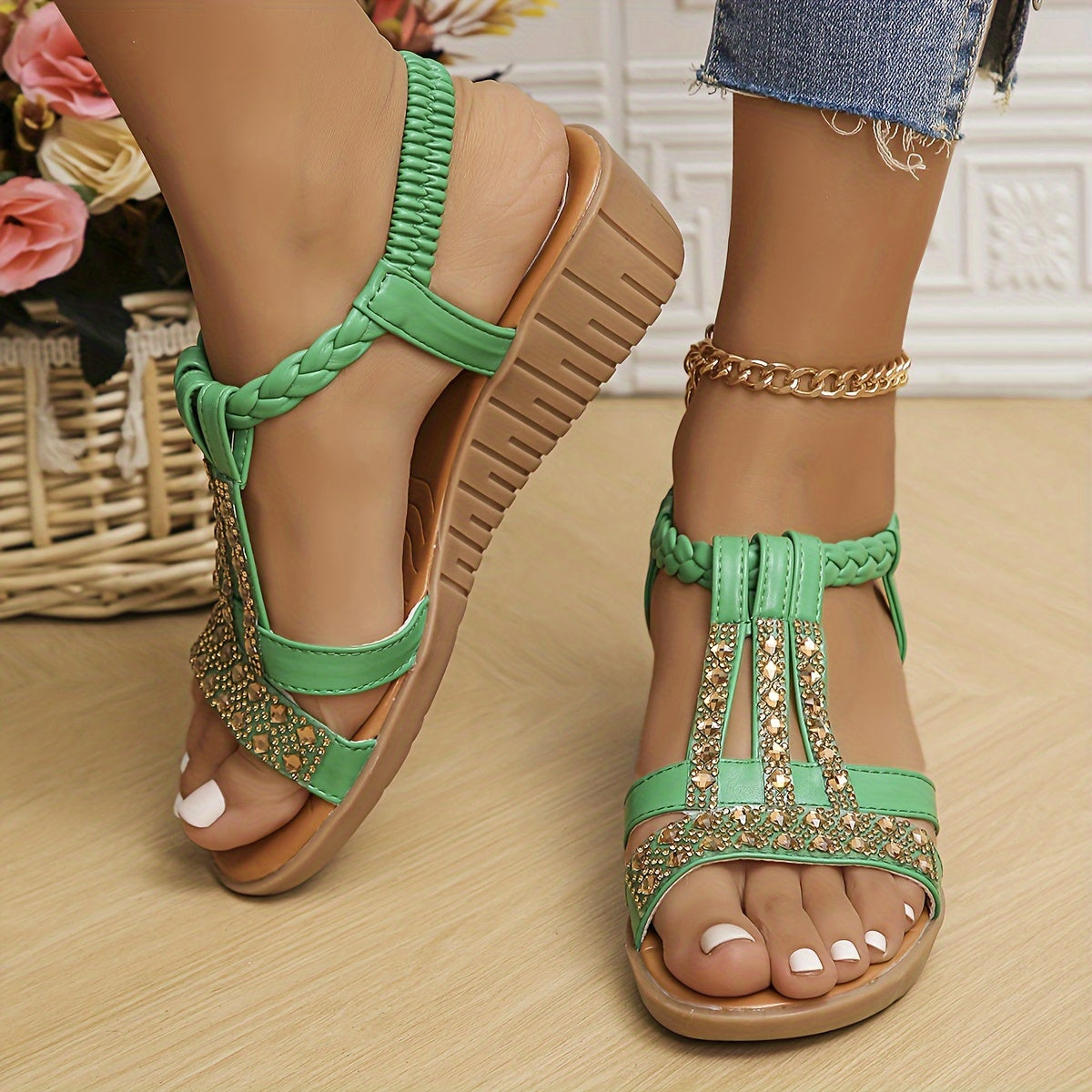 Tamara | Women's Rhinestone T-Strap Wedge Sandal