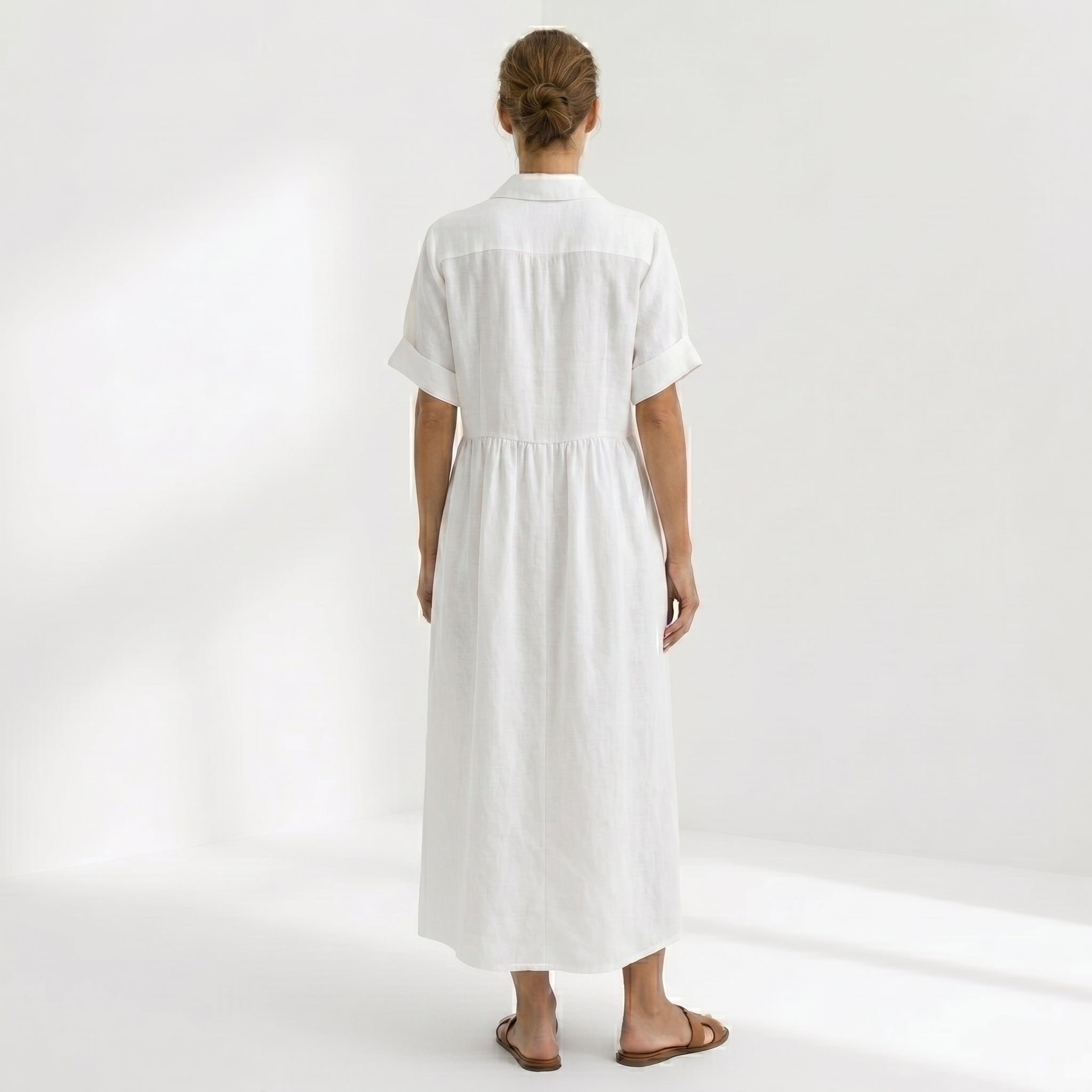 Helena - Vestido Linho Pregas e Botões