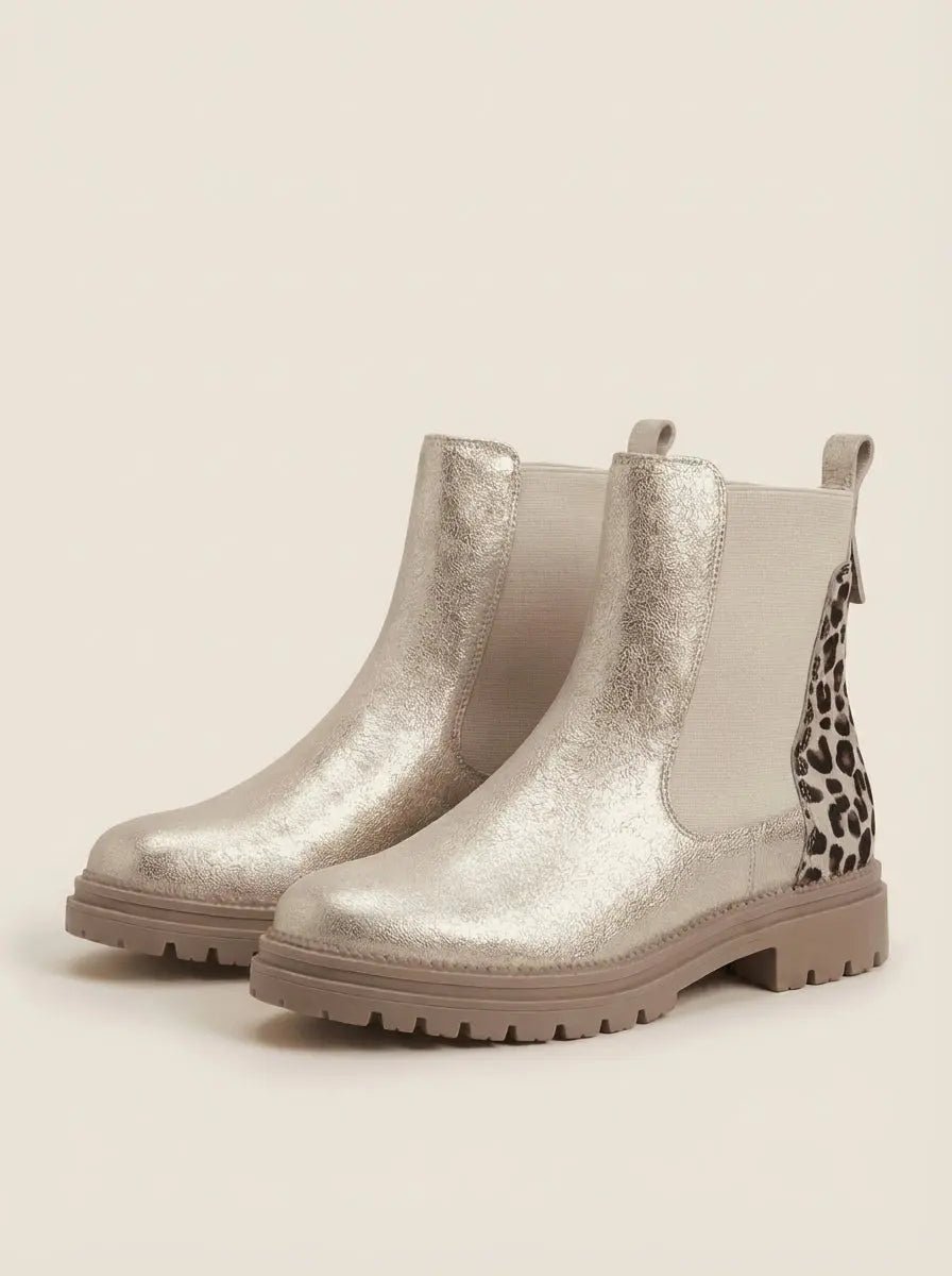 Valentina | Botas Chelsea Doradas con Leopardo - Elena Duval