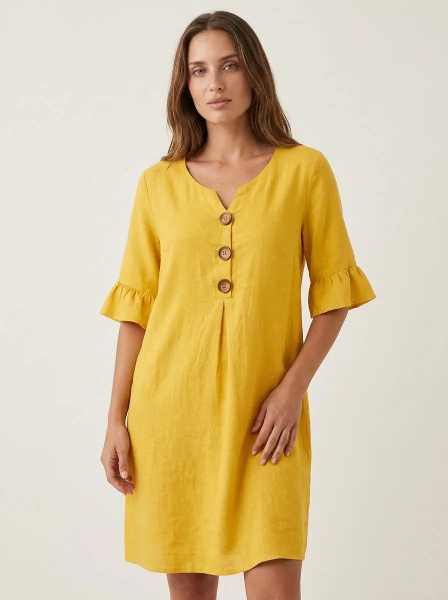 Vanesa - Vestido con Textura de Lino con Manga Abullonada y Botones - Elena Duval