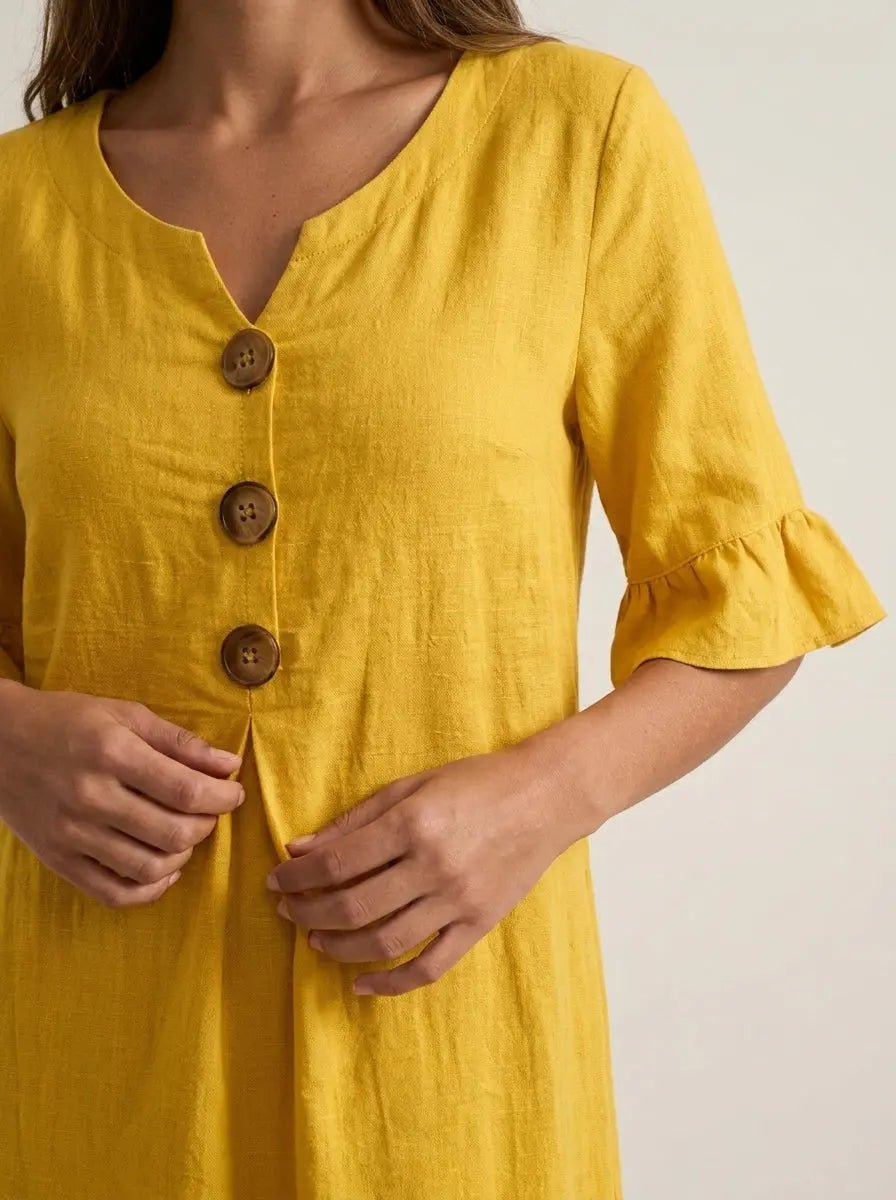 Vanesa - Vestido con Textura de Lino con Manga Abullonada y Botones - Elena Duval