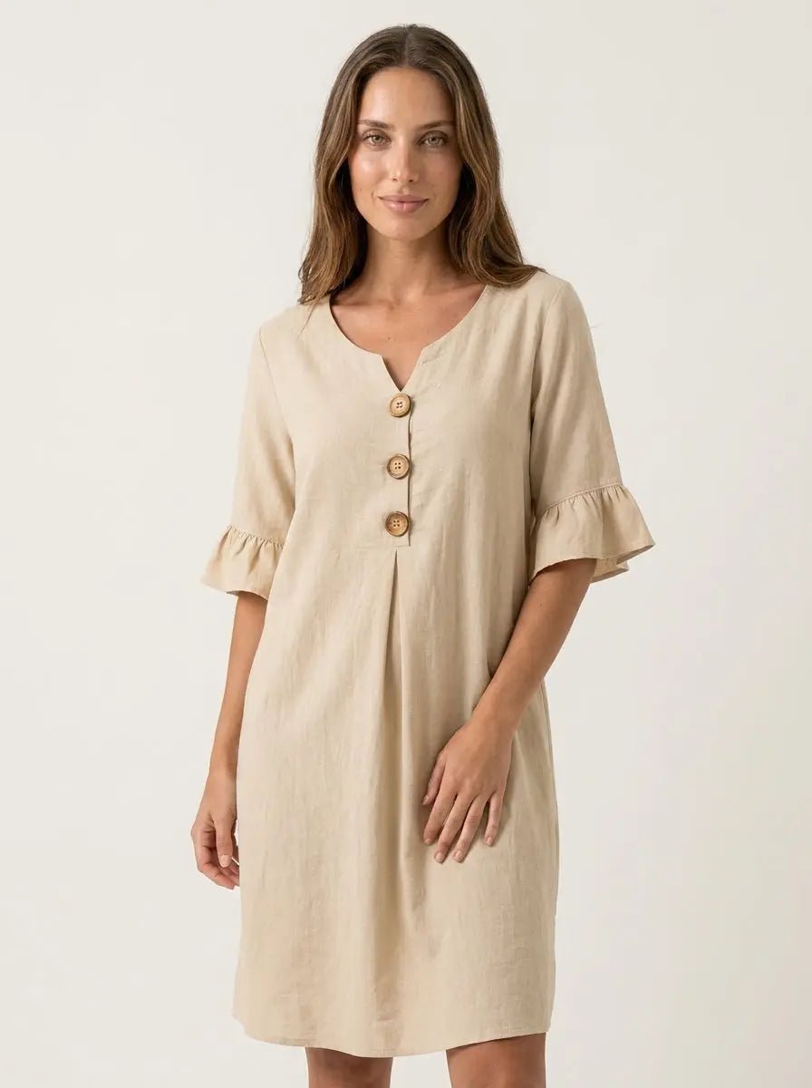 Vanesa - Vestido con Textura de Lino con Manga Abullonada y Botones - Elena Duval