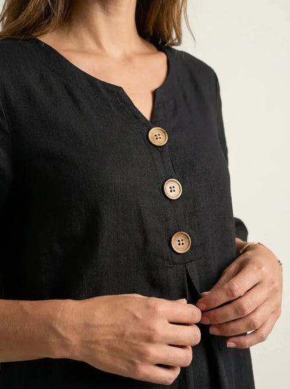 Vanesa - Vestido con Textura de Lino con Manga Abullonada y Botones - Elena Duval