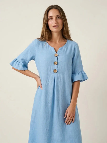 Vanesa - Vestido con Textura de Lino con Manga Abullonada y Botones - Elena Duval