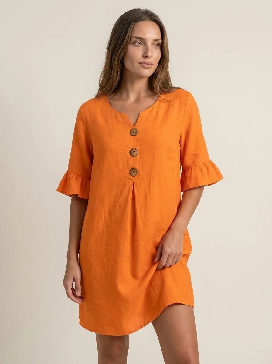 Vanesa - Vestido con Textura de Lino con Manga Abullonada y Botones - Elena Duval