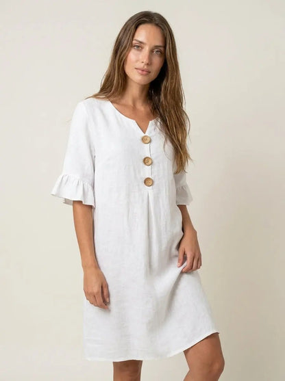 Vanesa - Vestido con Textura de Lino con Manga Abullonada y Botones - Elena Duval