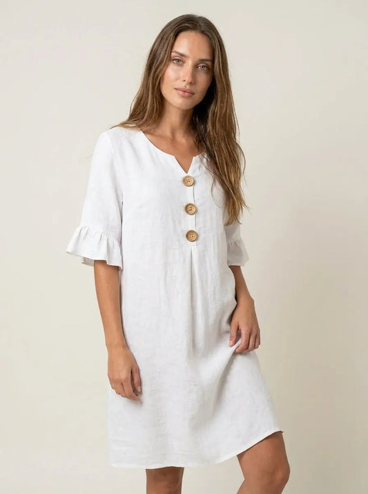 Vanesa - Vestido con Textura de Lino con Manga Abullonada y Botones - Elena Duval