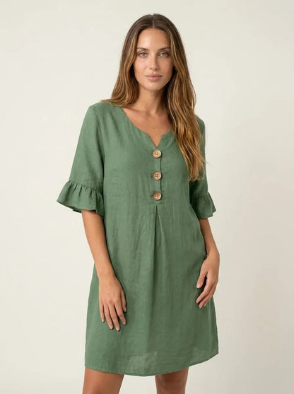 Vanesa - Vestido con Textura de Lino con Manga Abullonada y Botones - Elena Duval