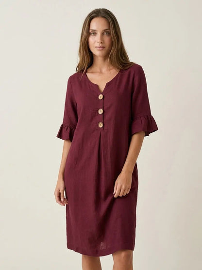Vanesa - Vestido con Textura de Lino con Manga Abullonada y Botones - Elena Duval